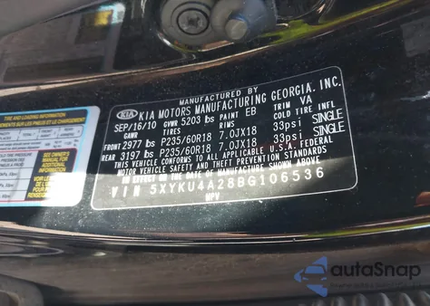2011 Kia Sorento Ex V6 from USA, damaged, VIN 5XYKU4A28BG106536
